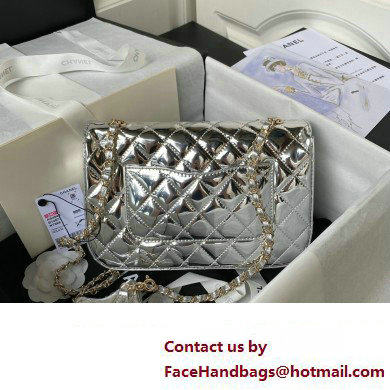 chanel Metallic Mirror Calfskin, Metallic Lambskin  &  Gold-Tone Metal Silver Flap Bag  &  Star Coin Purse AS4649 2024